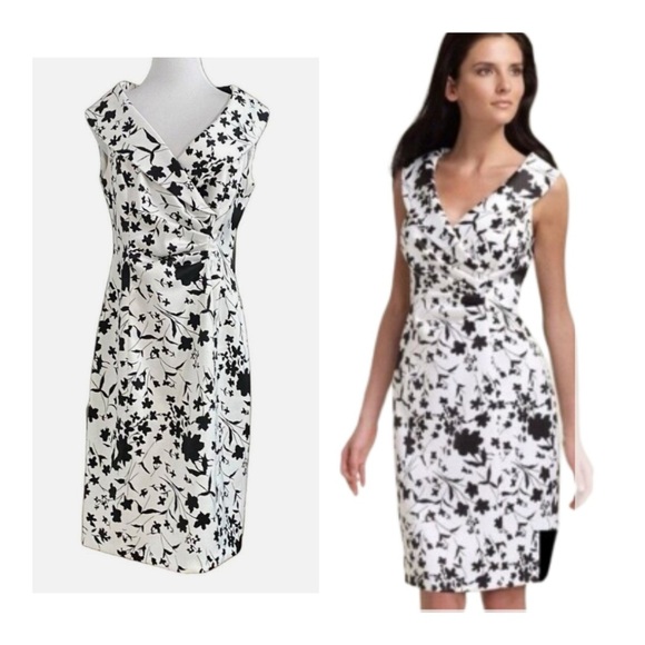 Kay Unger Satin Sleeveless Sheath Floral Black/ White Dress Portrait Collar 12 - Picture 1 of 11